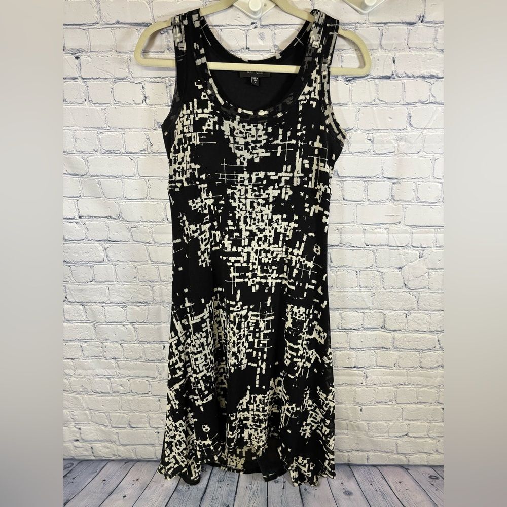 Karen Kane Black Cream Abstract Vacation Travel Sleeveless Mesh Midi Dress S